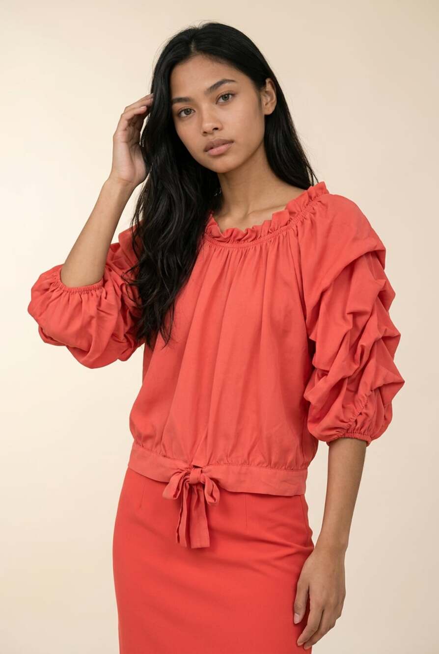 Habitual Girl's Joyce Puff Sleeve Ruffle Neck Blouse in Coral age 16
